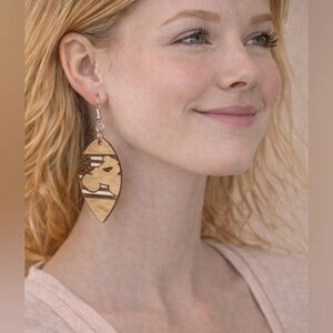 Handmade ATV American Flag Wooden Dangle Earrings Engraved Rustic Western Boho